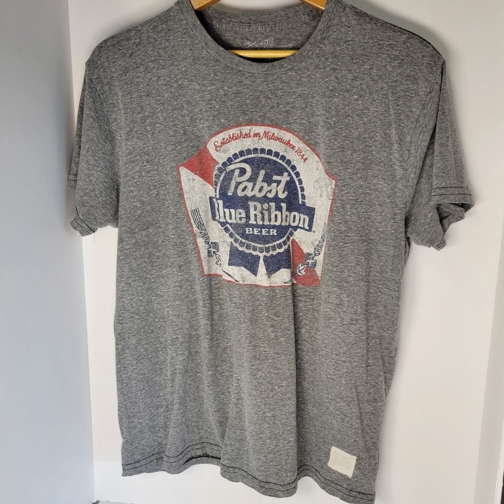 Retro Brand Pabst Blue Ribbon PBR Beer Graphic T-Shirt Gray Mens Large USA Made